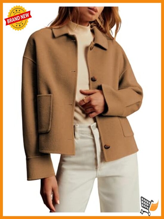Jackets & Blazers - Women's Cropped Pea Coat Boxy Fit Casual Short Jacket with Pockets